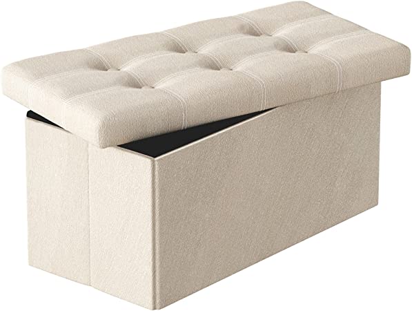 Cuyoca Storage Ottoman Beach Foldable Seat Footrest Shoe Bench End of Bed Storage, 80L Storage Space, 30 inches Linen Fabric Cream