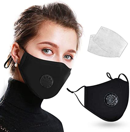 Reusable Cotton Cover with Breathing Valve, Auzky Washable Cotton Cloth Protection Adjustable Ear Loops with 2 Pcs Carbon Filters for Men and Women - Black