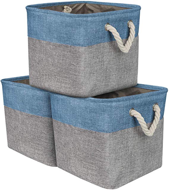 Sorbus Cube Storage Bins Basket Set [3-Pack] Big Square Cube Fabric Collapsible Organizer Bin with Cotton Rope Carry Handles for Linens, Toys, Clothes (Woven Rope Basket - Aqua)