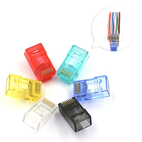 [UL Listed] VCE 60 Pack Mixed Colors RJ45 8P8C CAT6 Connector End Pass Through 3 Prong Ethernet Modular Plug-50u Gold Plated