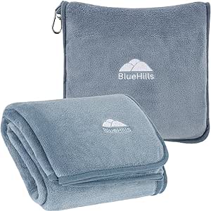 BlueHills Premium Soft Long Travel Blanket Pillow for Tall Airplane Flight Essentials Large Compact 2 in 1 Airline Blanket Throw Packable Warm Plane Traveling Accessories Grayish Blue T056