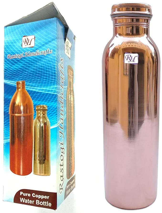 Rastogi Handicrafts Pure Copper Bottle 950 ML Joint Less Bottle for Water Storage Smooth and Shiny Finish No Coating