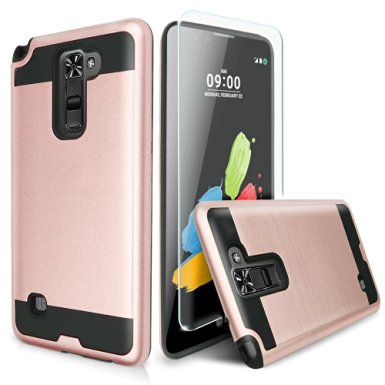 LG G Stylo 2 LS775 (2016) Case, LG G Stylus 2 L82VL L81VL K540 K520 Case With TJS® Tempered Glass Screen Protector, Dual Layer Shockproof Tough Brushed Hybrid Armor Protection Case (Rose Gold/Black)