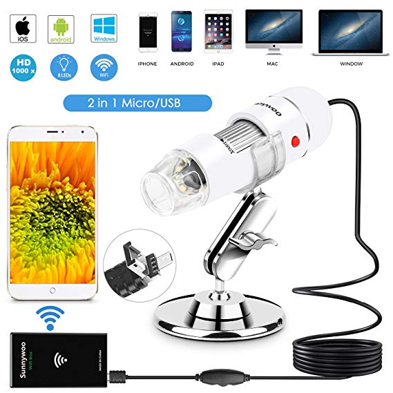 Wifi USB Microscope 1000x Digital Handheld Microscope Wifi Endoscope 8 LED with 2 in 1 Micro USB Support for Android Smartphone, iPhone, Tablet, Widows by Sunnywoo