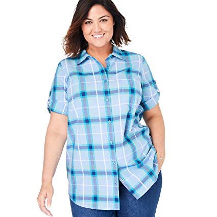 Woman Within Women's Plus Size Short Sleeve Button Down Seersucker Shirt