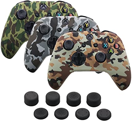 9CDeer 3 Pieces of Silicone Water Transfer Protective Sleeve Case Cover Skin   8 Thumb Grips Analog Caps for Xbox One/S/X Controller, Camouflage Brown Grey Green