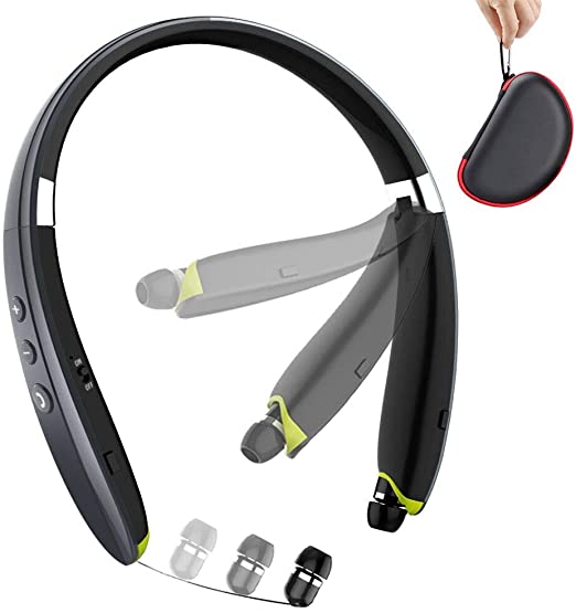 Bluetooth Headphones, BEARTWO Upgraded Foldable Wireless Neckband Headset with Retractable Earbuds, Noise Cancelling Stereo Earphones with Mic for Workout, Running, Driving (with Carry Case) (Grey)
