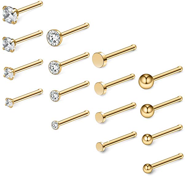 Ruifan 20G 18G Surgical Steel 1.5mm-3mm Flat Ball Clear Diamond CZ Nose Stud Rings Bone Pin Piercing Jewelry 16-34PCS