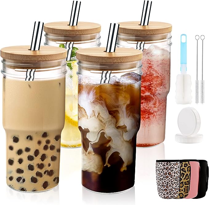 MOVNO Boba Glass Cups with Bamboo Lids and Straws -22oz set of 4 Wide Mouth Glass Tumblers for Iced Coffee, Smoothies, Tea,Juice -Mason Jar Cups with Airtigh lids, Sleeves and Brushes for Women Gift