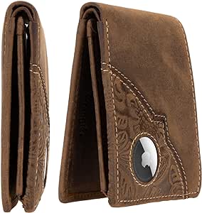 Wrangler Men’s Bifold Slim RFID Blocking Wallet, Genuine Leather, Casual Everyday 11-22 Card Capacity with AirTag Holder Window (Brown)