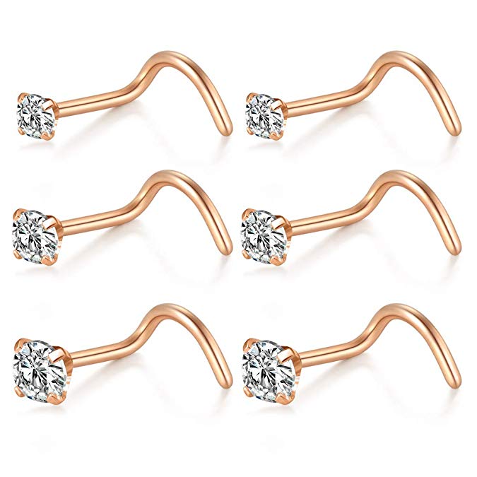 Briana Williams 6pcs 20G Nose Screw Studs Surgical Steel Nose Rings Piercing 1.5mm 2mm 2.5mm CZ Inlaid