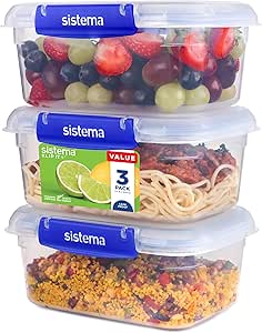 Sistema KLIP IT PLUS Récipients de conservation alimentaire - 1 litre - Boîtes alimentaires étanches, empilables et hermétiques compatibles réfrigérateur/congélateur - sans BPA - 3 pièces