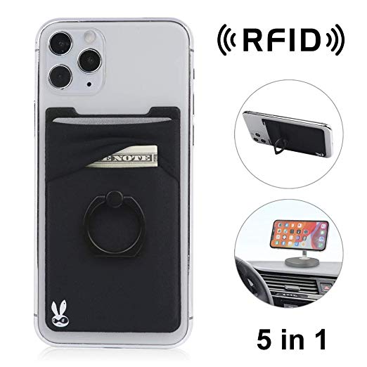 New 5-in-1 Cell Phone Wallet-Stick On Spandex Ring Card Holder Sleeve Back-Double-Pocket Magnetic Finger Grip Strap Loop Kickstand RFID Block,Most of Smartphones (iPhone/Android/Samsung Galaxy)