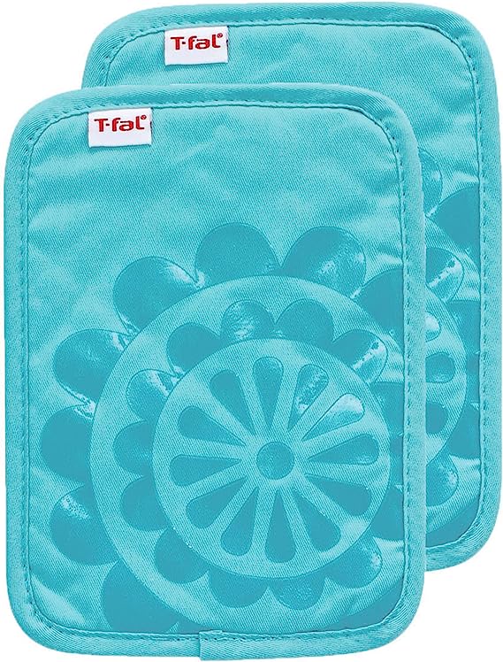 T-fal Premium Terry-Looped Pot Holders & Heating Pads (2-Pack), 6.75" x 9", Heat Resistant, 100% Cotton with Non-Slip Silicone Print for Kitchen and Barbeque, Breeze