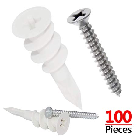 Drywall Anchor with Screws Sets - Plastic Self Drilling Dry Wall Anchors, 100 Pieces All Together