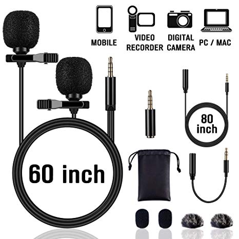 Lapel Microphone (Unique Fuzzy Windscreen Included) Omnidirectional Noise Cancelling Clip-on Speaker Mic for iPhone iPad Mac Android Smartphones Interview Video Recording