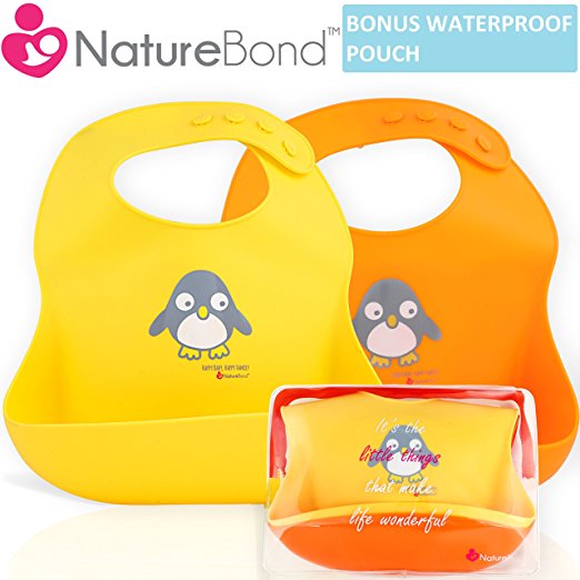 NatureBond Waterproof Silicone Baby Bibs for Babies & Toddlers (2 PCs) | Free Waterproof Pouch | Wipes Clean Easily, Soft, Unisex, Adorable | Perfect Baby Shower Gift