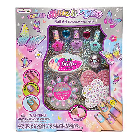 Hot Focus Blitz&Glitz Nail Polish Set for Girls - Water-Based Nail Polish with Press On Nails, Glitter Nail Stickers & Adjustable Rings - Scented, Quick-Dry, Peel Off, & Creative Nail Polish for Kids