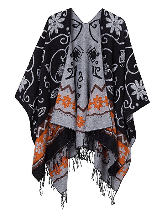 Women's Fashionable Retro Style Vintage Pattern Tassel Poncho Shawl Cape