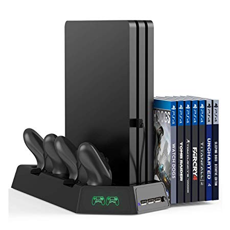 Kootek Universal Vertical Stand for PS4 Slim/Pro/Regular Playstation 4, Controller Charger with Cooling Fan Games Storage Dual Charging Station with Indicator for DualShock 4 Wireless Controllers