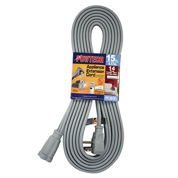 POWTECH Heavy duty 15 FT Air Conditioner and Major Appliance Extension Cord UL Listed 14 Gauge, 125V, 15 Amps, 1875 Watts GROUNDED 3-PRONGED CORD