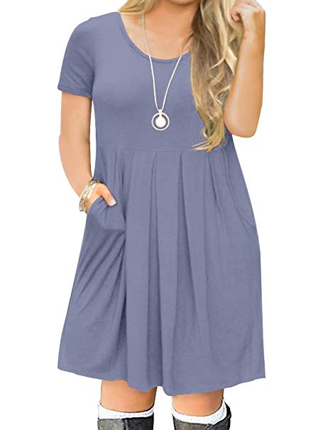 POSESHE Women's L-4XL Casual Short Sleeve Pleated Plus Size T Shirt Dress with Pockets