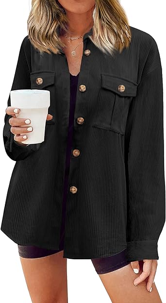 Beyove Women's Corduroy Shirt Long Sleeve Button Down Shacket Jacket Casual Oversized top with Pockets