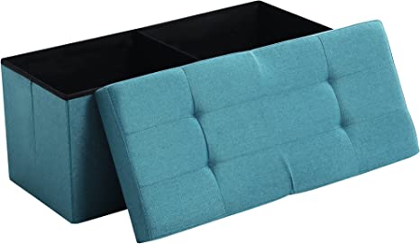 Cuyoca Storage Ottoman Beach Foldable Seat Footrest Shoe Bench End of Bed Storage with Flipping Lid, 75L Storage Space, 30 inches Linen Fabric Teal Blue