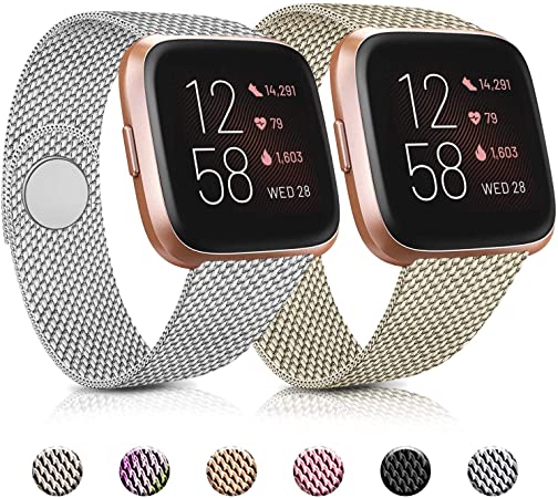 Pack 2 Metal Loop Bands Compatible for Fitbit Versa 2 / Fitbit Versa SE/Fitbit Versa Lite, Stainless Steel Mesh Breathable Wristband with Adjustable Magnet Lock (Silver   Champagne Gold, Small)