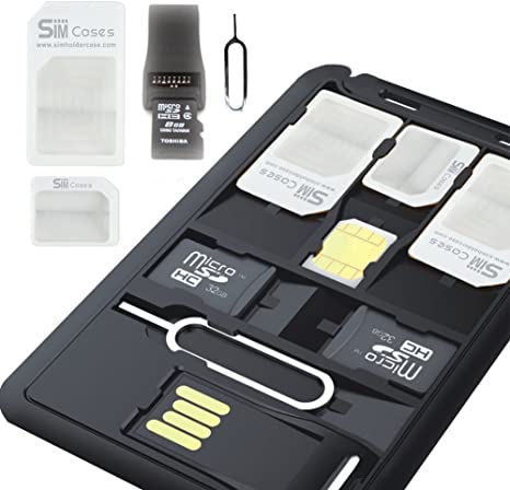 SIMCases Slim SIM Card holder case & MicroSD card Storage   1 USB Memory card reader 3 sim card Adapters 1 Iphone pin Tray Opener, Holds 4 SIM Cards 1 Micro 1 Nano sim & 2 MicroSD TF cards, CC size
