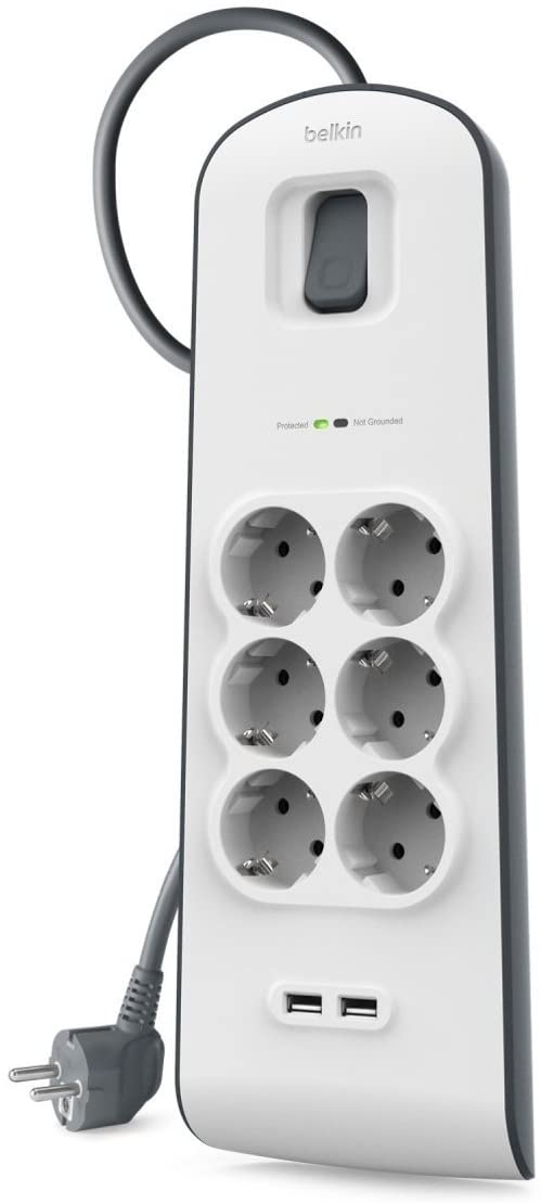 Belkin BSV604VF2M Surge Plus Power Strip (Surge Protector 2.4A, 2m Cable), White / Grey