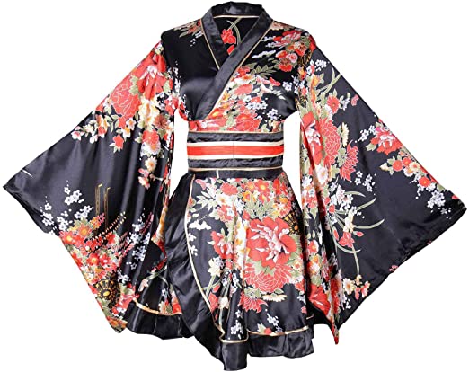 Women's Kimono Costume Adult Japanese Geisha Yukata Sweet Floral Patten Gown Blossom Satin Bathrobe Sleepwear with OBI Belt