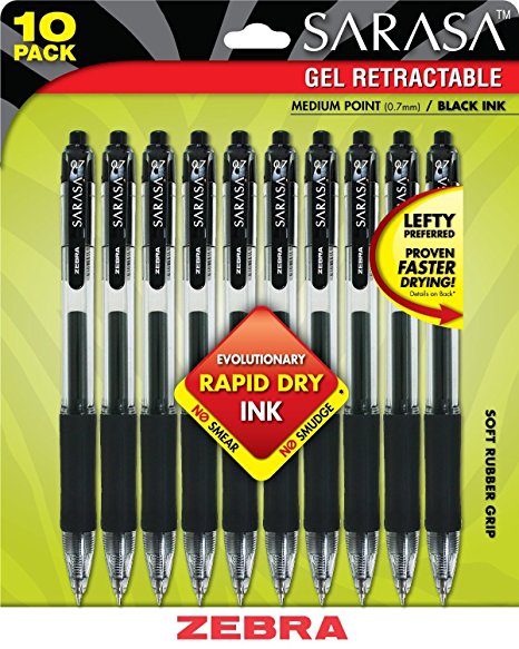 Zebra Sarasa Rapid Dry Ink Gel Retractable Pen, 0.7mm, Black, 10 Pack (46871)