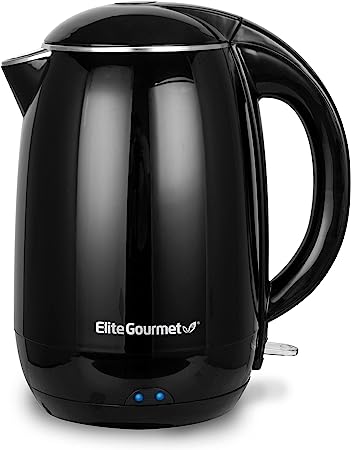 Elite Gourmet EKT1821 1.8L Double Wall Insulated, Cool-Touch Electric Kettle w/Stainless Steel Interior & Lid, 360° Swivel Base for Cord Free Serving, Power On Lever, Auto Shut-Off, Boil Dry, Black