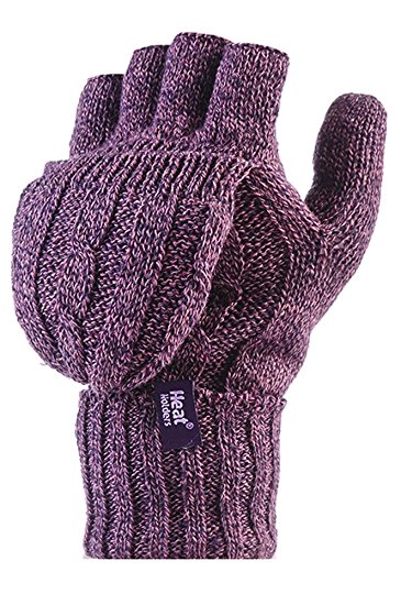 Ladies 2.3 tog Thermal knitted Heat Holders FINGERLESS Mitten Cap Gloves Purple
