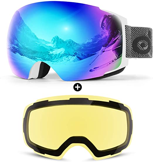 Odoland Magnetic Interchangeable Ski Goggles with 2 Lens, Large Spherical Frameless Snow Goggles for Men & Women, OTG and UV400 Protection