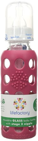 Lifefactory 9-Ounce Glass Baby Bottle with Silicone Sleeve and Stage 2 Nipple, Raspberry