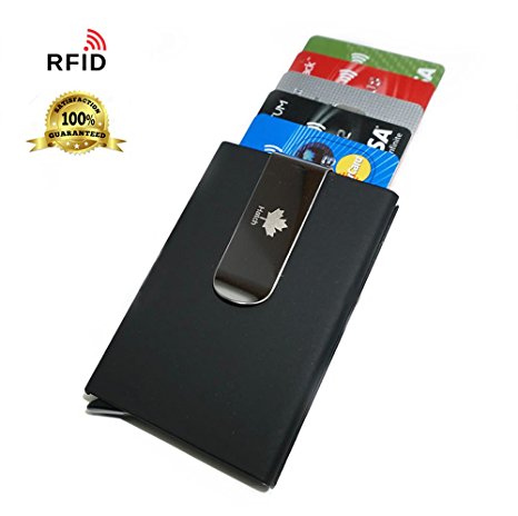 Credit Card Holder RFID Blocking Aluminum & Leather (PU) Money Clip Pop-up Metal Wallet (Black)