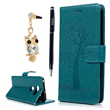 LG V30/LG V30 Plus case/LG V30S Case, Embossed Cute Owl Tree Wallet Kickstand Feature Flip Folio Cover Credit Card Pockets PU leather Shock Absorbing Bumper Clover Cover by YOKIRIN, Blue