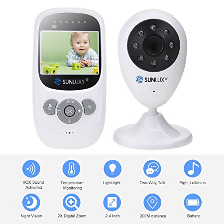 SUNLUXY 2.4 Inch Color LCD Wireless Digital Audio Video Baby Monitor Security Camera 2 Way Talk Night Vision with 2X Digital Zoom and Night Light Function White