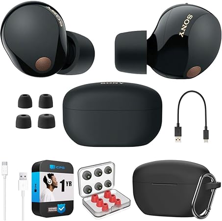 Sony WF-1000XM5 Industry Leading Noise Canceling Truly Wireless Earbuds (Black) Bundle with Silicone Case (Black), Memory Foam Ear Tips, USB-A to USB-C Cable & 1 YR CPS Enhanced Protection Pack