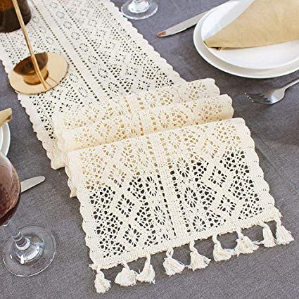 Lahome Handmade Cotton Crochet Table Runner with Tassels Off-White Retro Macrame Table Runners for Wedding Festival Event Table Decoration (9.5" x 86")