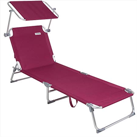 Casaria Sun Lounger Folding Sunbed Adjustable Backrest Sunshade Breathable Reclinable Beach Garden Pool Fast Dry Red