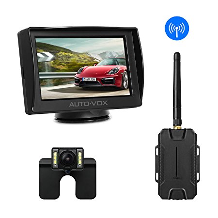 AUTO-VOX M1W Wireless Backup Camera Kit,IP 68 Waterproof LED Super Night Vision License Plate Reverse Rear View Back Up Car Camera,4.3'' TFT LCD Rearview Monitor for Vans,Camping Cars,Trucks,RVs