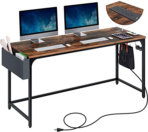 Rolanstar Computer Desk with Power Outlet, Home Office Writing Desk 63", Study Table with Side Storage Bag and Iron Hooks, Workstation, Modern Simple Style, Stable Metal Frame CPT002-YW160-RR