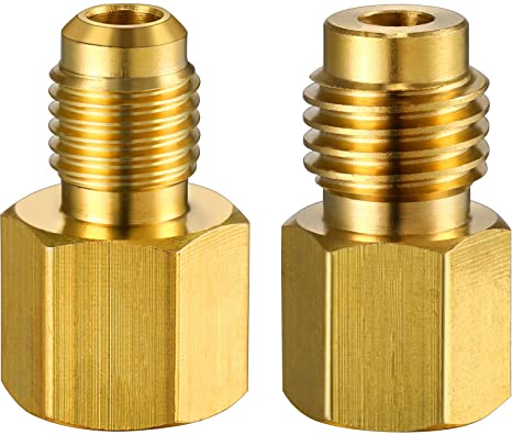 2 Pieces 6015 R134A Brass Refrigerant Tank Adapter to R12 Fitting Adapter 1/2 Female Acme to 1/4 Male Flare Adaptor Valve Core and 6014 Vacuum Pump Adapter 1/4 Inch Flare Female to 1/2 Inch Acme Male