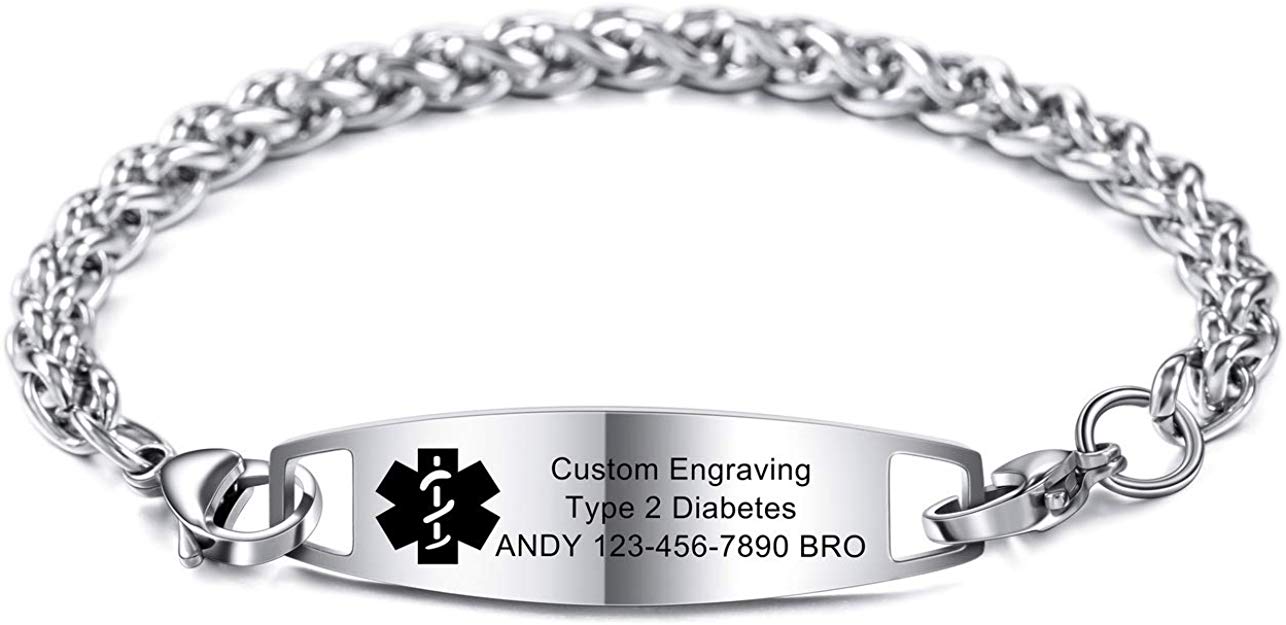 MOWOM Medical Alert Bracelet Custom Engraved, 6.5-8.7 Inches, Allergy Life Identification Name ID for Men Women Stainless Steel Chain Bracelets - (Bundle with Emergency Card, Holder)