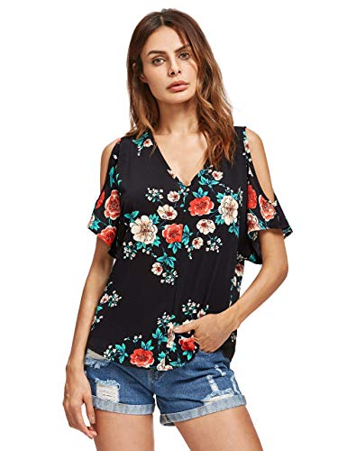 Romwe Women's Casual Cold Shoulder V-Neck Floral Print Short Sleeve Blouse Shirt Top