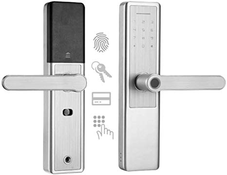 Flux Fingerprint and Touchscreen Smart Lock | 4-in-1 Keyless Entry | Emergency Backup Mechanical Key | Fingerprint ID | Anti-Peep Keypad Passcode | RFID Key Fob Cards (Double Bolt (Mortise), Silver)