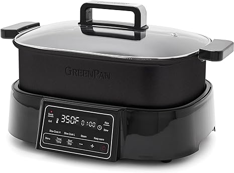 GreenPan 6.5QT Multi-Cooker Skillet Grill & Slow Cooker, 8-in-1 Presets to Saute,Steam, Grill, Stew, Stir-Fry,Heat, & Cook Rice, Healthy Ceramic Nonstick & Dishwasher Safe Parts, Matte Black
